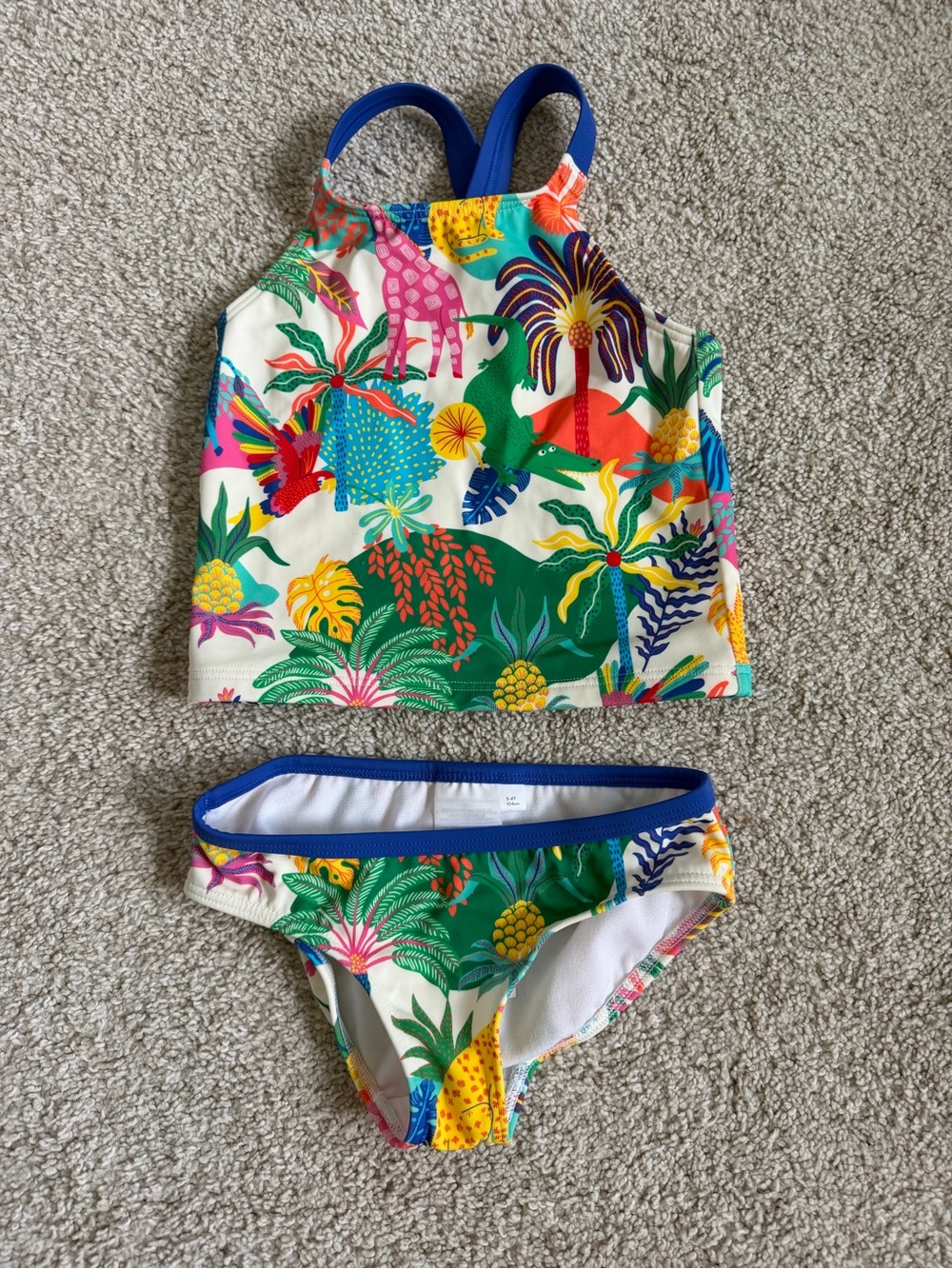 Mini Boden Girls' Tropical Tankini in Multi-Color with Blue Straps
